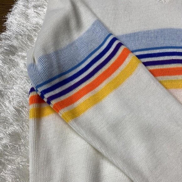 Marquesa V Neck White Multicolor Stripe Pullover Sweater Unisex M/L Acrylic Knit - Picture 4 of 9